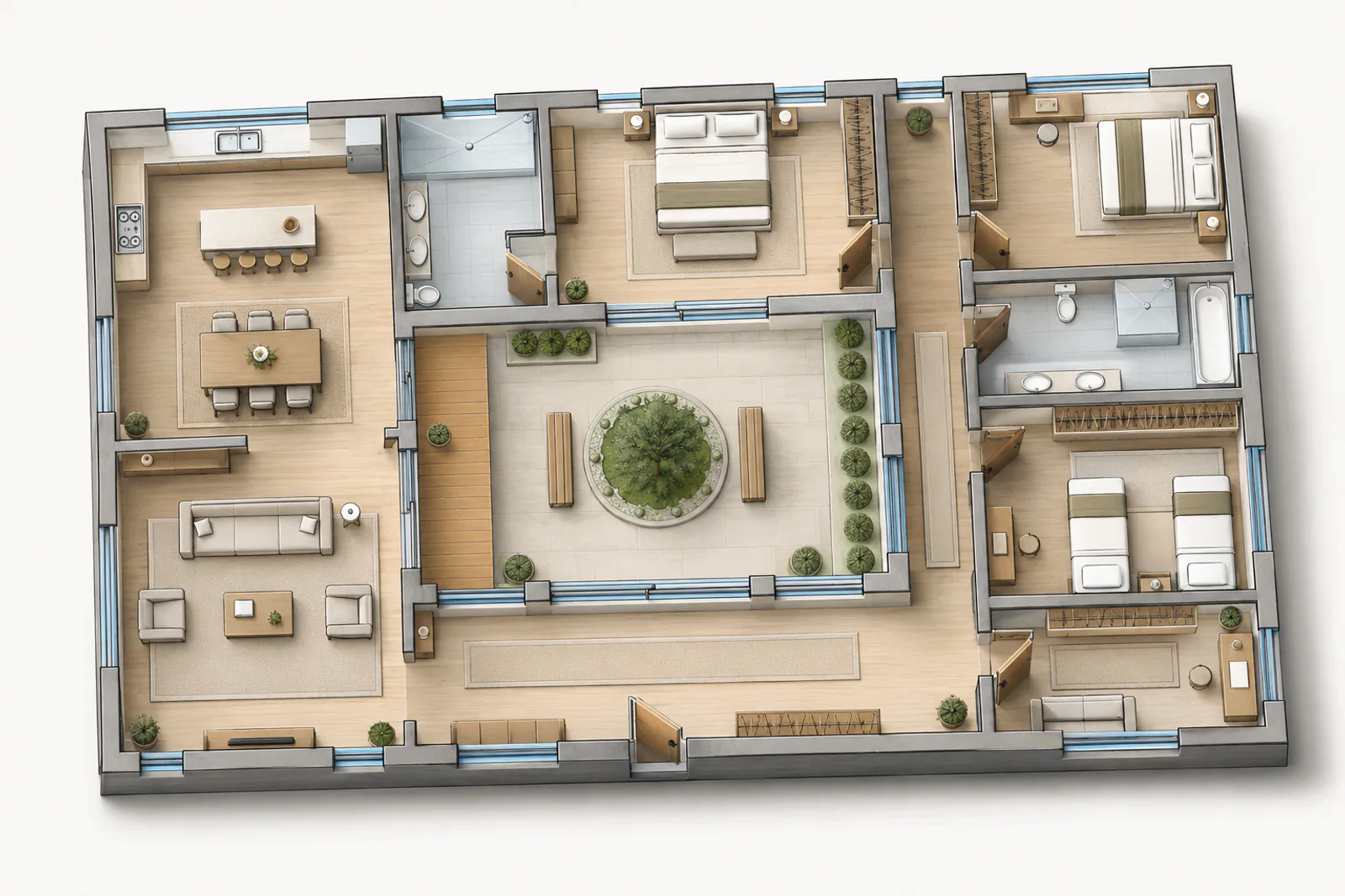Vizcraft 3D isometric of the same house, seen from above at a slight angle: furnished kitchen, dining and living room, three bedrooms, two bathrooms and the courtyard with its tree.