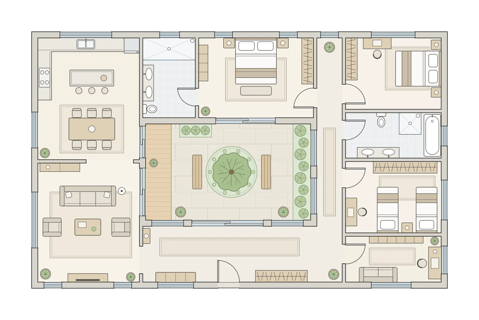 Plano arquitectónico de una casa de una planta con patio central: cocina con isla, comedor y sala en un ala, tres dormitorios, dos baños, un estudio y un patio central con un árbol