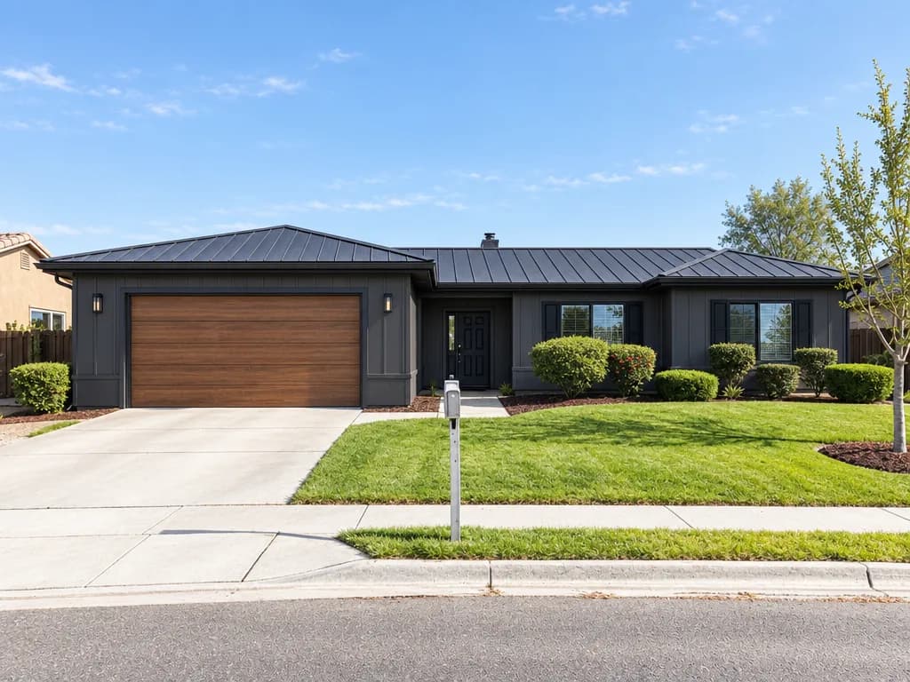 The same house after an Exterior Studio Contemporary remodel: charcoal panel siding, a black standing-seam metal roof, matte black window trim and a wood-look garage door. The lawn and driveway are kept.