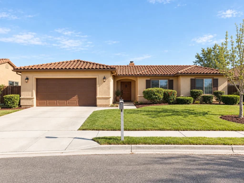 The same house after an Exterior Studio Mediterranean remodel: a terracotta clay tile roof, bronze window trim and a natural wood front door under an arched entry. The walls, garage door, lawn and driveway are kept.