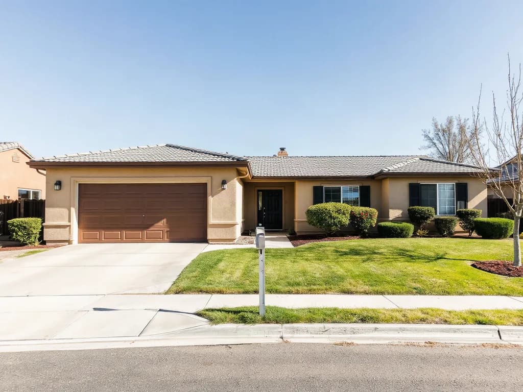 Photo of a single-storey ranch house seen from the street: beige stucco walls, a grey tile hip roof, a brown two-car garage door, a black front door, windows with black shutters, a lawn and a concrete driveway. It is a generated image of a fictional house.