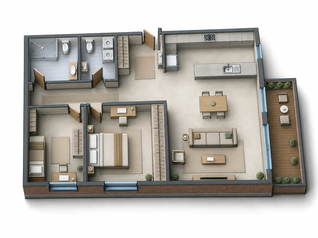 Isométrico do mesmo apartamento feito com o Design de Interiores no estilo Industrial: piso cinza, paredes grafite sobre uma base de tijolo aparente e móveis de madeira e metal em cada ambiente, com a varanda à direita.