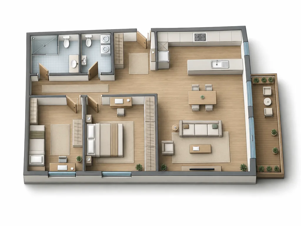 Isométrico do mesmo apartamento feito com o Design de Interiores no estilo Minimalista Moderno: piso de carvalho quente, paredes off-white e móveis simples em tons claros na cozinha, nas salas de jantar e de estar, nos dois quartos e nos banheiros, com a varanda à direita.