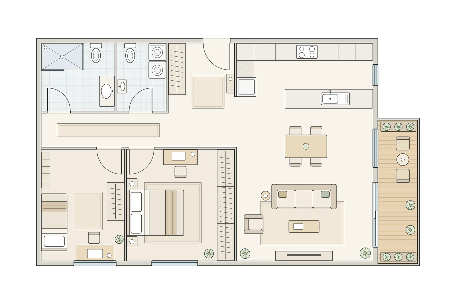 Planta de um apartamento de dois quartos: um banheiro com chuveiro e um lavabo separado com a lavanderia na parte de cima, a entrada, uma cozinha aberta com ilha, uma mesa de jantar e uma sala com sofá, uma varanda ao longo da parede direita e dois quartos embaixo à esquerda.