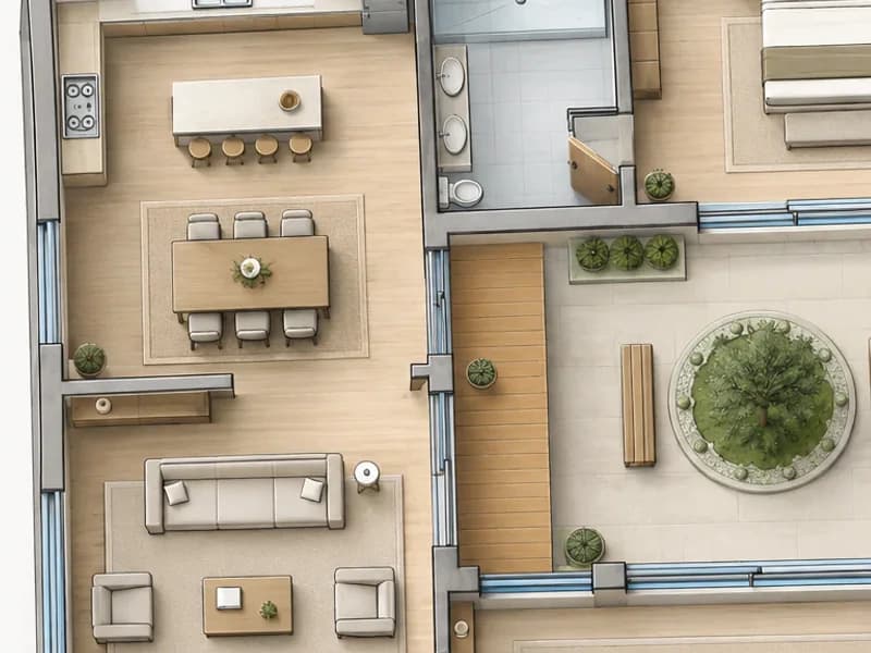 Detail of the finished isometric: the kitchen, dining table and living room furnished in 3D.