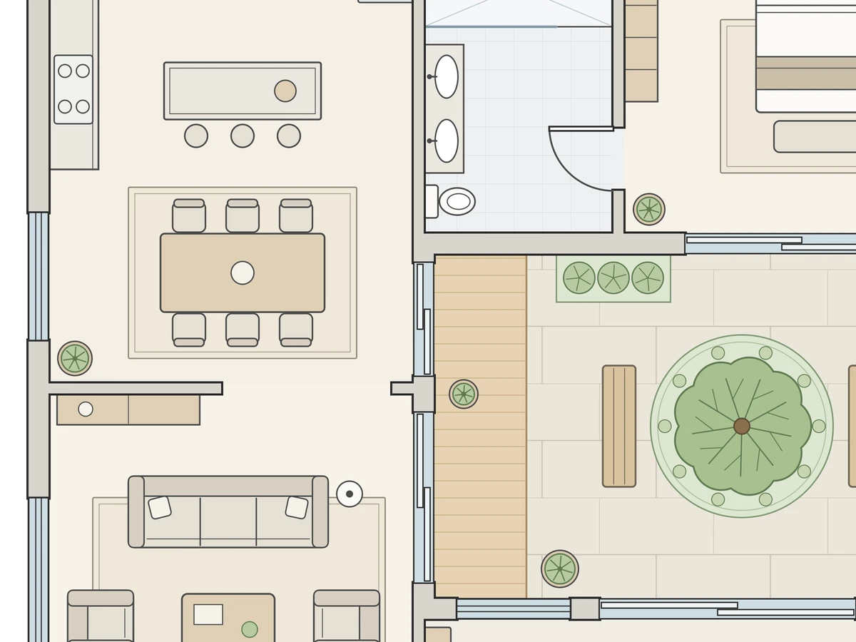 Detail of the uploaded floor plan: kitchen island, dining table and living room.
