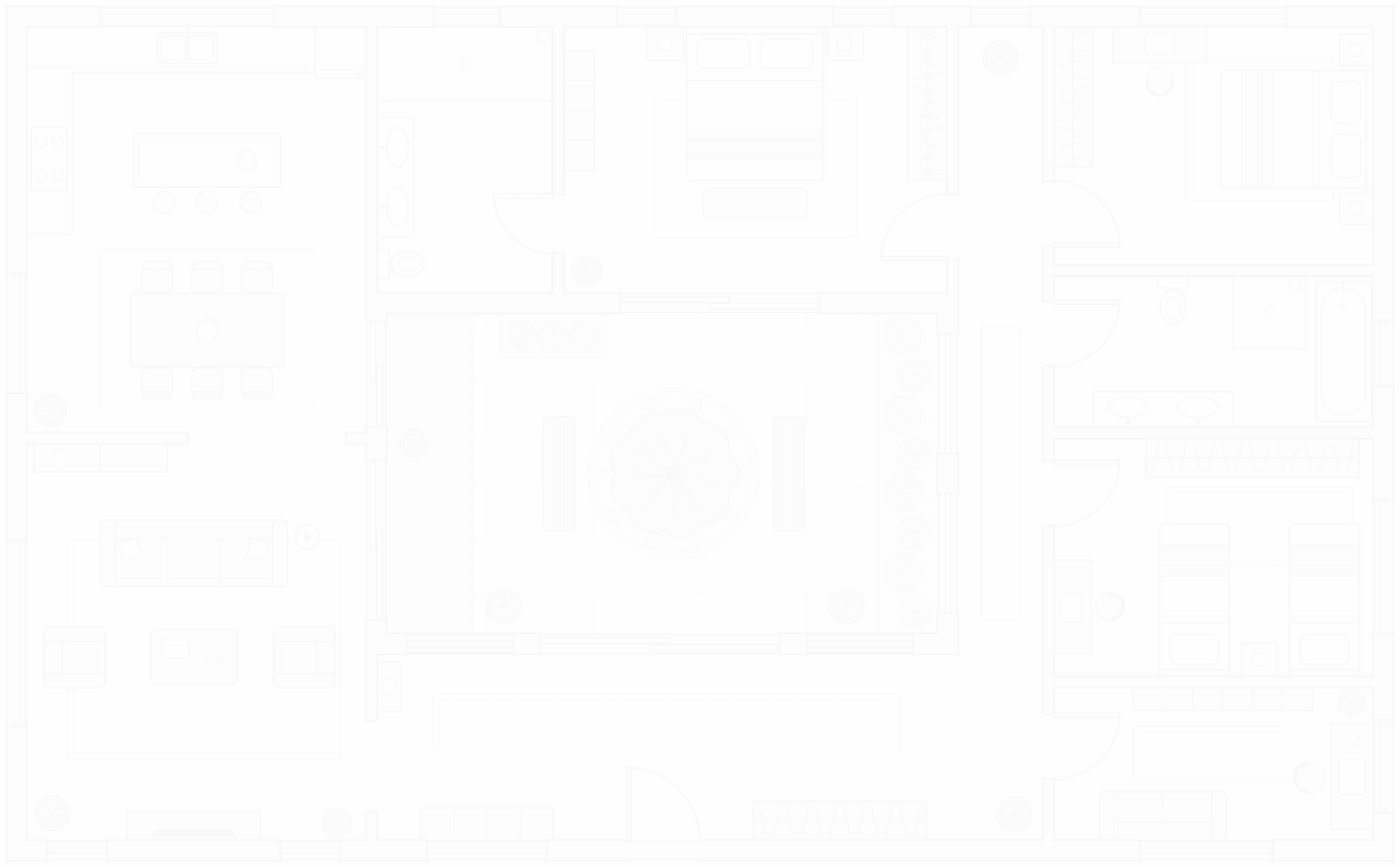 Architectural floor plan of a single-storey courtyard house: kitchen with an island, dining and living room in one wing, three bedrooms, two bathrooms, a den and a central courtyard with a tree.