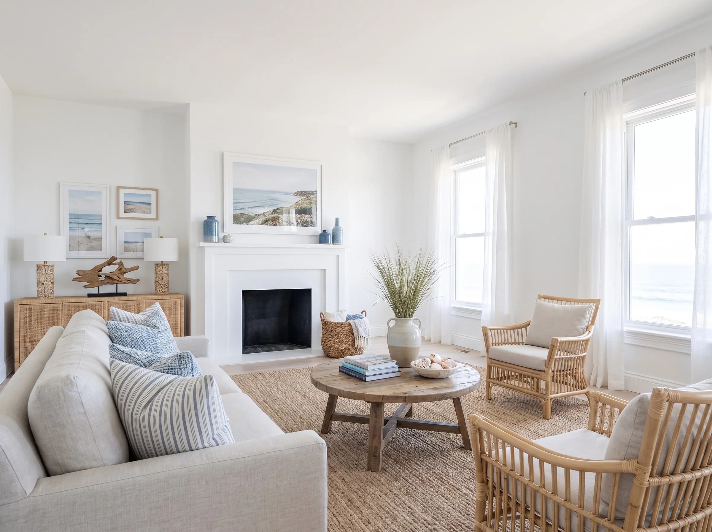 The same living room staged in a coastal style: linen sofa, rattan armchairs, jute rug and seascape art over the fireplace.