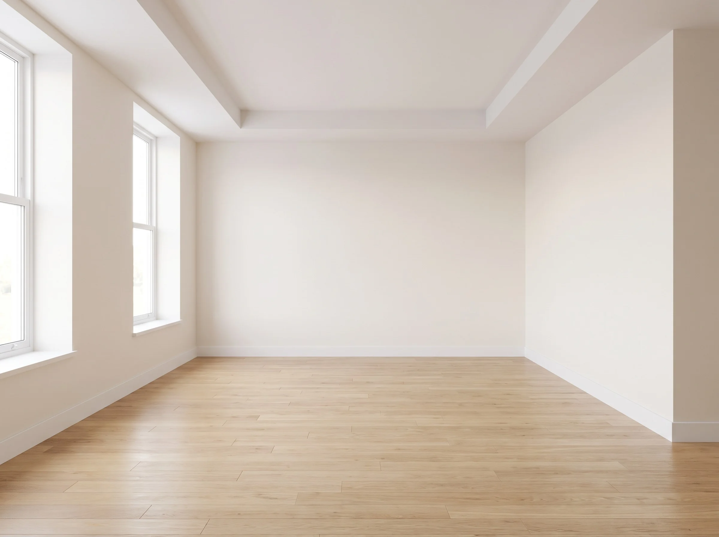 Empty open room with a coffered ceiling, two windows on the left and light wood floors.